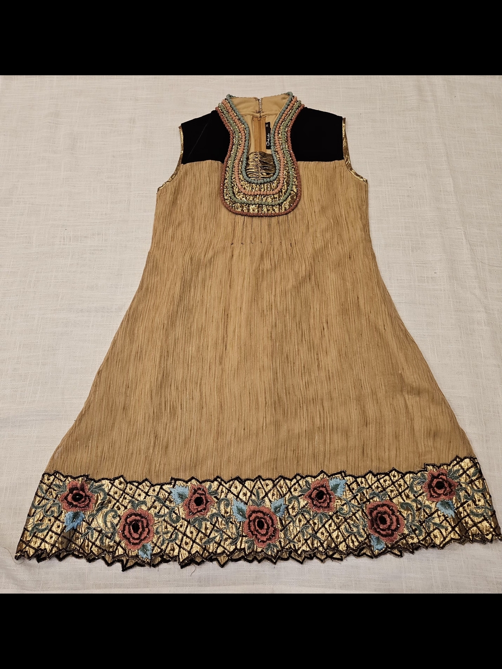 Embroidered Gold-Tan Girls' A-Line Dress with Floral Hem